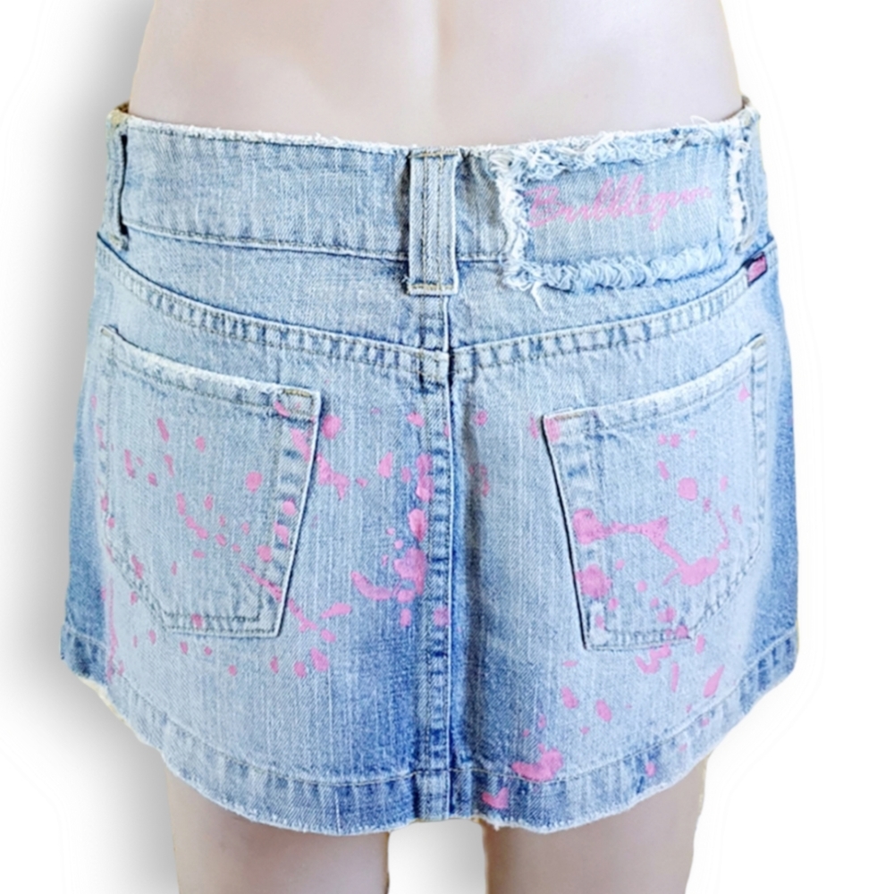Y2k blue denim mini/ short skirt with pink splash paint print BUBBLEGUM AU 8-10 - Picture 3 of 6